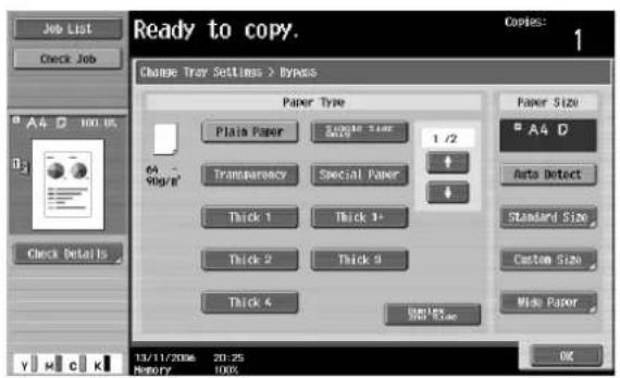 Ready to copy. Change Tray Settings > Bylaws Paper Type Plain Paper Spare Size 500% 1 /2 Transparency Special Paper Thick 1 Thick 1+ Thick 2 Thick 9 Thick 4 Power Size A4 D Auto Detect Standard Size Custom Size Wide Paper OK 13/11/2006 20:25 MEMORY 100%