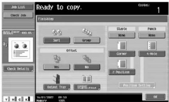 Job List Check Job Ready to copy. Copies: 1 Finishing Sort Group Offset Yes No Output Tray SPRING TABLES STAPLE None Punch None Corner 4-Hole 2 Position Position Settings OK 16/01/2007 09:53 MEMORY 100% Check Details