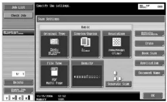 Specify the settings. File List Check Job Browse... Show Print Forms Scan Settings Basic Original Type Simpbox/Duplex Resolution Create Rebeeding Erase Book Scan Application Document Name File Type Density PDF Multi Page Severe Scan 1/1 Delete Chips Job Settrend 11/15/2006 12:52 Memory 100% OK
