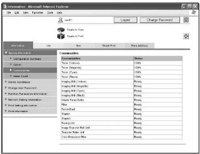 Information - Microsoft Internet Explorer File Edit View Favorites Tools Info vise01 Login Change Password Ready to Store Ready to Print Information Job Box Direct Print Store Address Review Information Configuration Summary Option Consumables Meter Count Online Assistance Change User Password Function Permission information Network Setting Information Print Setting Information Print Information Consumables Status Timer (Yellow) 10% Timer (Magenta) 10% Timer (Cyan) 10% Timer (Black) 10% Imaging Unit (Yellow) Ready Imaging Unit (Magenta) Ready Imaging Unit (Cyan) Ready Imaging Unit (Black) Ready Write Timer Bottle Ready Filter Ready Durch Duid Ready Stapel Ready Staple2 Ready Fusing Unit Ready Image Transfer Bit Unit Ready Transfer Filter Unit Ready Color Emissions Filter Ready