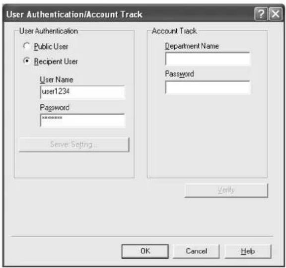 User Authentication/Account Track User Authentication ○ Public User ● Recipient User User Name user1234 Password ****** Server Setting... Account Track Department Name Password Verify OK Cancel Help