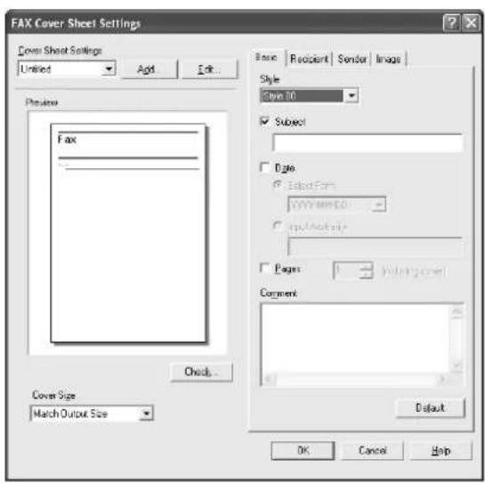 FAX Cover Sheet Settings Cover Sheet Settings Unified Add Edit Preview Fax Check Cover Size Match Output Size Basic Residual Sensor Image Style Type 00 ✓ Subject Date ✓ SelectForm YYYYMM-DD ✓ rows/links/ Pages: Winningcore1 Comment Default OK Cancel Help