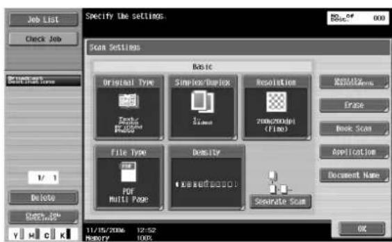 Specify the settings Scan Settings Basic Original Type Simple/Quick Resolution Microsoft Teams File Type Density PDF Multi Page Separate Scan 11/15/2006 12:52 Memory 100% OK