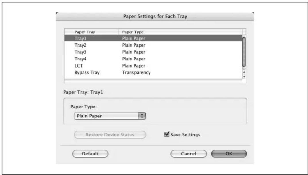 Paper Settings for Each Tray Paper Tray Paper Type Tray1 Plain Paper Tray2 Plain Paper Tray3 Plain Paper Tray4 Plain Paper LCT Plain Paper Bypass Tray Transparency Paper Tray: Tray1 Paper Type: Plain Paper Restore Device Status Save Settings Default Cancel OK