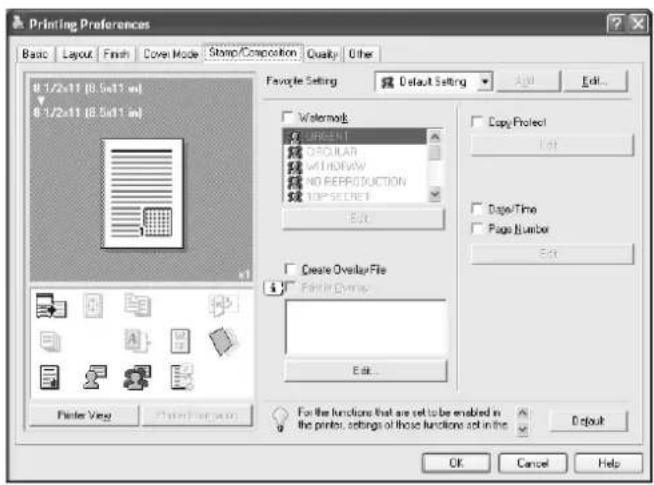 Printing Preferences Basic Layout Finish Cover Mode Stamp/Composition Quality Other 8.1/2x11 (8.5x11 in) 8.1/2x11 (8.5x11 in) Favorite Setting Default Setting Add Edit... Watermark UPRANT OPULAR WITHDRAW NO REPRODUCTION TOP SECRET Edit Copy Project Edit Page/Time Page Number Edit Create Overlay File Print Down... Edit... For the functions that are set to be enabled in the printer, settings of those functions set in this Output OK Cancel Help
