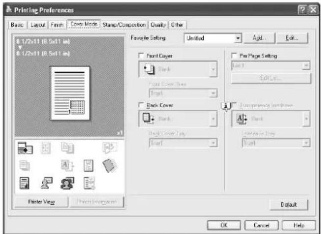 Printing Preferences Basic Layout Finish Cover Mode Stamp/Composition Quality Other 0 1/2x11 (0.5x11 in) 0 1/2x11 (0.5x11 in) Favorite Setting Untitled Add Edit... Front Cover Blank Page Cover Type Text Back Cover Blank Page Cover Type Text For Page Setting Last 1 Edit... Temporary Printers Back Unknown Print Text Flinter View Print Integration Default OK Cancel Help