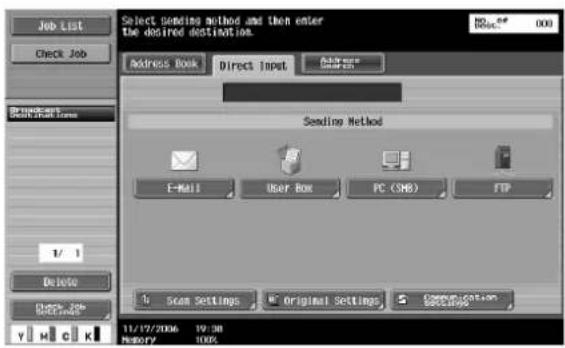Job List Check Job Select sending method and then enter the desired destination. Address Book Direct Input Address Search Send Method E-Mail User Box PC (SMS) FTP 1/ 1 Delete Check Job SHELLS Y H C K 11/17/2006 19:30 N80F7 EXX Scan Settings Original Settings Computation Settings
