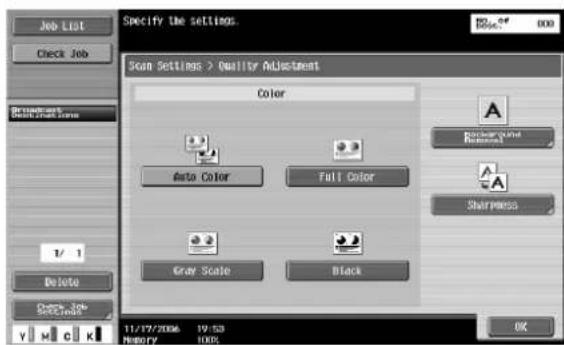 Specify the settings. Scan Settings > Quality Adjustment Color Auto Color Full Color Gray Scale Black 11/17/2006 19:53 MIDERY 100% OK