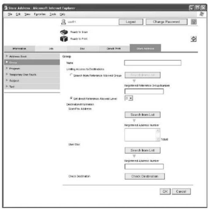 Store Address - Microsoft Internet Explorer File Edit View Favorites Tools Help use 01 Logat Change Password Ready to Start Ready to Print Information Jobs Box Direct Print Store Accounts Address Book Group Program Temporary One Touch Subject Text Group Name Limiting Access to Destinations Search from Reference Allowed Group Search from List Registered Reference Group Number Get direct Reference Allowed Level 0 Destination Information ScanFax Address Search from List Registered Address Number Total User Back Search from List Registered Address Number Check Destination Check Destination OK Cancel