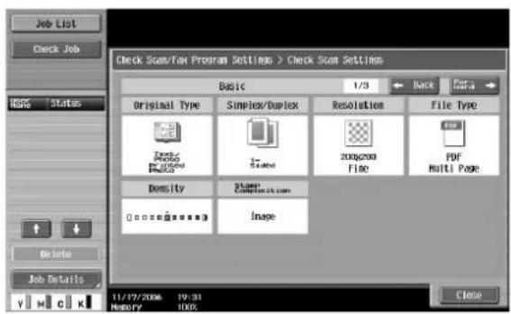 Check Sum/Fax Program Settings > Check Sum Settings Basic 1/3 Back Data Original Type Simplex/Duplex Resolution File Type Dentate New New 2006/2008 File PDF Density Image Comptech.com Inage 11/17/2006 19:31 MEMORY 100% Delete Job Details Y M C K Close