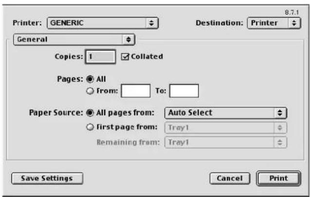 Printer: GENERIC General Copies: 1 Collated Pages: All From: To: Paper Source: All pages from: Auto Select First page from: Tray1 Remaining from: Tray1 Save Settings Cancel Print 8.7.1 Destination: Printer