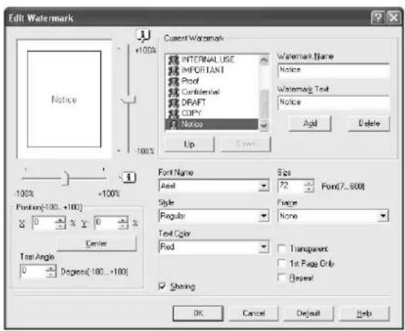 Edit Watermark 1 +100% Notice Current Watermark INTERNAL USE IMPORTANT Pool Confidential DRAFT COPY Notice Watermark Name Notice Watermark Text Notice Add Delete Up Save 100% 1 +100% 100% Position[100...+100] 0 % 0 Center Text Angle 0 Degree[180...+180] Font Name Andl Size 72 Point(7..800) Style Regular Frame None Text Color Red Transparent 1x Page Only Repeat Sharing OK Cancel Default Help