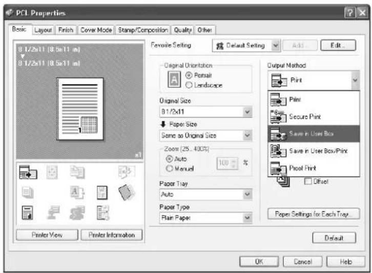 PCI Properties Basic Layout Finish Cover Mode Stamp/Composition Quality Other 8 1/2x11 [8.5x11 in] 8 1/2x11 [8.5x11 in] Favorie Setting Default Setting Original Orientation Portrait Landscape Original Size 81/2x11 Paper Size Some as Original Size Zoom [25...400%] Auto Manual 100 % Paper Tray Auto Paper Type Plain Paper Output Method Print Print Secure Print Save in User Box Save in User Box/Print Proof Print Offset Paper Settings for Each Tray... Default OK Cancel Help Printer View Printer Information