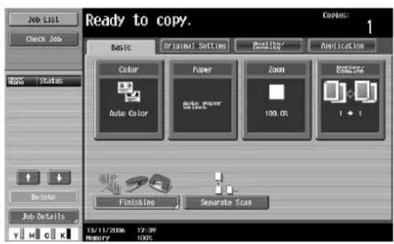 Job List Check Job Maps | Status Delete Job Details Ready to copy. Copies: 1 Basic Original Settings Recovery Application Color Power Zoom Auto Color Auto Paper 100.0% Recovery 1 Finishing Separate Scan 13/11/2006 17:39 MEMORY 100%