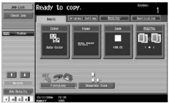 Ready to copy. Copies: 1 Basic Original Settings Copy/Recycle Application Color Paper Zoom Paste Color Auto Color Auto Paper Selection 100.0% 1 + 1 Finishing Separate Scan 13/11/2006 12:39 Newery 100%