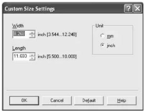 Custom Size Settings Width 3.268 inch [3.544...12.240] Length 11.693 inch [5.500...10.000] Unit ○ gm ● inch OK Cancel Default Help
