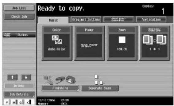 Job List Check Job HSPS | States Ready to copy. Copies: Basic Original Settings Busability Application Color Power Zoom Busability Auto Color Auto Paper 100.0% 1 1 Finishing Separate Scan 13/11/2006 17:39 M800Y 100%