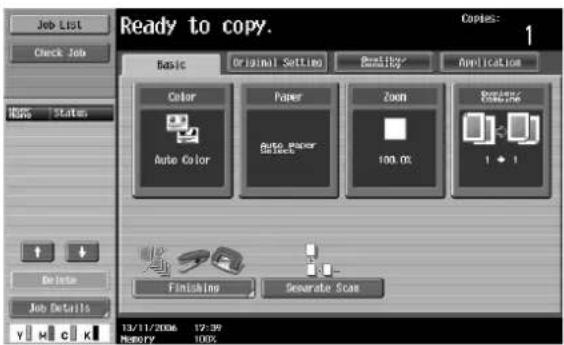 Job List Check Job Hops | States Ready to copy. Copies: Basic Original Settings Quality Application Color Paper Zoom Printing Auto Color Auto Paper Search 100.0% 1 • 1 Finishing Generate Scan Delete Job Details 13/11/2006 17:39 MEMORY 100%