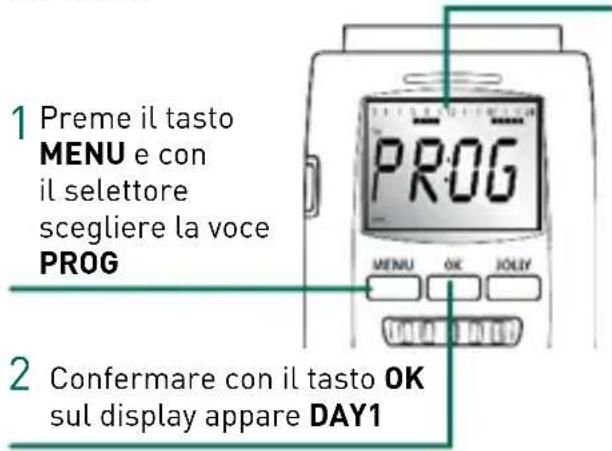 1 Preme il tasto MENU e con il selettore scegliere la voce PROG 2 Confermare con il tasto OK sul display appare DAY1