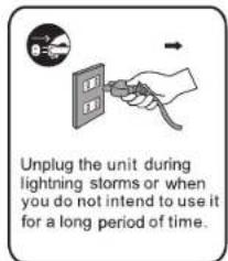 Unplug the unit during lightning storms or when you do not intend to use it for a long period of time.