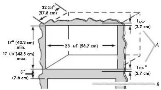 22 3/4" (57.8 cm) 1 1/16" (2.7 cm) 17" (43.2 cm) min. 17 1/8" (43.5 cm) max. 23 1/8" (58.7 cm) 3" (7.6 cm) 1 1/16" (2.7 cm) A B