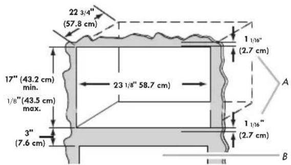 22 3/4" (57.8 cm) 1 1/16" (2.7 cm) 17" (43.2 cm) min. 1/8" (43.5 cm) max. 23 1/8" 58.7 cm) 3" (7.6 cm) A 1 1/16" (2.7 cm) B