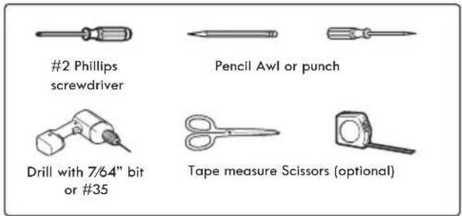#2 Phillips screwdriver Pencil Awl or punch Drill with 7/64" bit or #35 Tape measure Scissors (optional)
