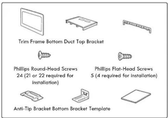 Trim Frame Bottom Duct Top Bracket Phillips Round-Head Screws 24 (21 or 22 required for installation) Phillips Flat-Head Screws 5 (4 required for installation) Anti-Tip Bracket Bottom Bracket Template
