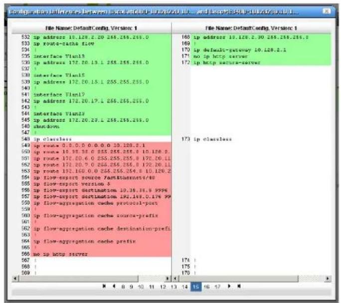 Configuration Differences between is octal@dtu0-10L45/ZI 10... and Laspri3-SPU-10U/2Z30.10.1... File Name: DefaultConfig, Version 1 $32 ip address 10.128.2.20 265.255.255.0 $33 ip route-saths flow $34 | $35 interface Vlan13 $36 ip address 172.20.19.1 265.255.255.0 $37 | $38 interface Vlan1E $39 ip address 172.20.15.1 265.255.255.0 $40 | $41 interface Vlan1? $42 ip address 172.20.19.1 265.255.255.0 $43 | $44 interface Vlan23 $45 ip address 172.20.29.1 265.255.255.0 $46 shutdown $47 | $48 ip closest $49 ip route 0.9.0.0 0.0.0 0.0 10.128.2.1 $50 ip route 10.35.38.0 265.255.255.0 10.128.2. $51 ip route 172.20.6 0 265.255.255.0 178.20.11 $52 ip route 172.20.7 0 265.255.255.0 178.20.11 $53 ip route 192.169.0 0 265.255.254.8 10.128.2 $54 ip flow-expartment source fastEthernet/48 $55 ip flow-export version 5 $56 ip flow-expartment destination 10.36.38.8 9996 $57 ip flow-expartment destination 192.169.0.176 99 $58 ip flow-aggregation cache protocol-post $59 ip flow-aggregation cache source-prefix $60 ip flow-aggregation cache destination-prefix $61 ip flow-aggregation cache prefix $62 ip flow-aggregation cache prefix $63 ip no ip http server $64 $65 $66 $67 $68 $69 File Name: DefaultConfig, Version 1 168 ip address 10.128.2.30 265.255.255.0 169 | 170 ip defaults-gateway 10.128.2.1 171 no ip http server 172 ip http secure-server 173 ip closest