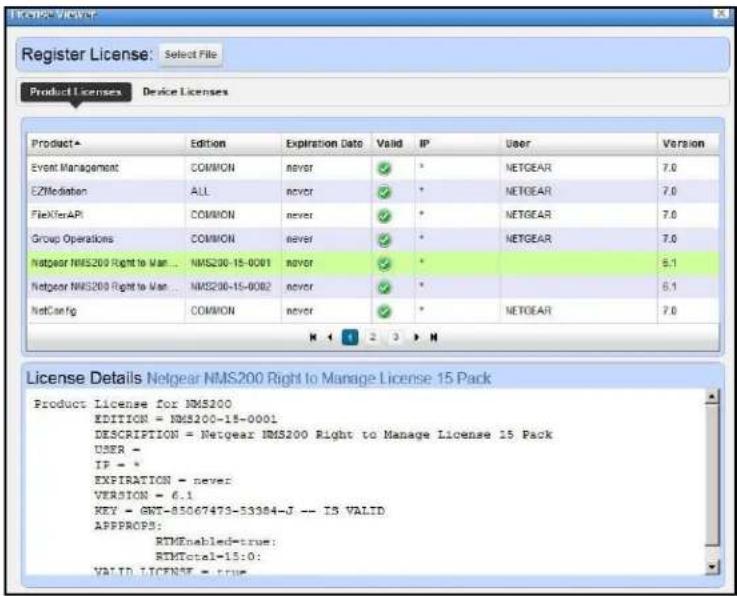 Register License: Select File Product Licenses Device Licenses Product+ Edition Expiration Date Valid IP User Version Event Management COMMON never * NETGEAR 7.0 EZMediation ALL never * NETGEAR 7.0 FileXerAPI COMMON never * NETGEAR 7.0 Group Operations COMMON never * NETGEAR 7.0 Netgear NMS200 Right to Man... NMS200-15-0001 never * 5.1 Netgear NMS200 Right to Man... NMS200-15-0002 never * 6.1 NetConfig COMMON never * NETGEAR 7.0 License Details Netgear NMS200 Right to Manage License 15 Pack Product License for NMS200 EDITION = NMS200-15-0001 DESCRIPTION = Netgear NMS200 Right to Manage License 15 Pack USER - IP = * EXPIRATION = never: VERSION = 6.1 KEY = GNT-85067473-53384-J -- IS VALID APPPROPS: RTIMEabled=true: RTIMtotal=15:0: VALID LICENSE = true