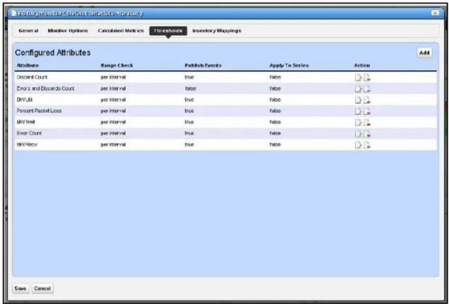 Configured Attributes Attribute Range Check Publish Events Apply To Series Action Discount Count per Interval true false Errors and Discards Count per Interval false false BIV/Util per Interval true false Percent Packet Loss per Interval true false BIV/Word per Interval true false Error Count per Interval true false BIV/Recy per Interval true false Save Cancel