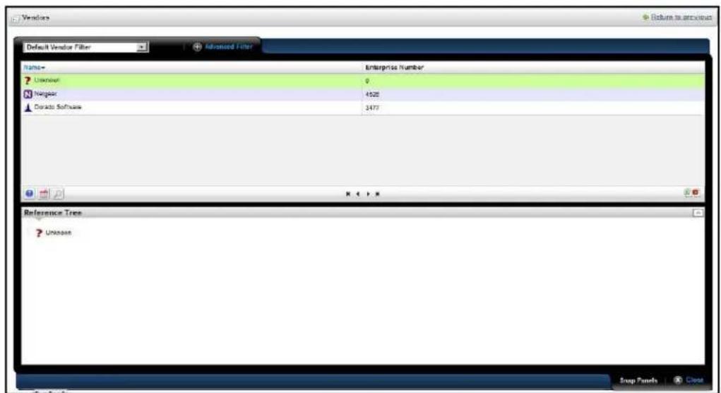 Vendors Default Vendor Filter Advanced Filter Name: Enterprise Number ? Unknown 0 N Pengstar 4528 Corado Software 3477 Reference Tree ? Unknown Swap Panels Close