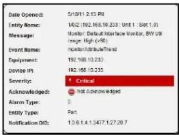 Date Opened: 5/18/11 2:13 PM Entity Name: 16/2 (192.168.10.233 : Unit 1 : Slot 1.0) Message: Monitor: Default Interface Monitor, BYU Off range: high (>90) Event Name: monitor AttributeTrend Equipment: 192.168.10.233 Device IPT: 192.168.10.233 Severity: Critical Acknowledged: Not Acknowledged Alarm Type: 0 Entity Type: Port Notification OID: 1.3.6.1.4.1.3477.1.27.20.7