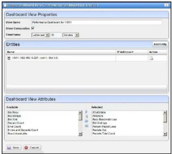 Editing Dashboard View (Performance Dashboard for 1/0/11) Dashboard View Properties View Name Performance Dashboard for 1/0/11 Show Composites ✓ TimeFrame within last 30 Minutes Entities Add Entity Name IP Address Action 1/0/11 (192.168.10.227 : Unit 1 : 5kct 1.0) Dashboard View Attributes Available Selected BW Recv iOutOctets BW Unit bps InErrors BW Xxtt Recv Bandwidth Use Discard Count BW Xxtt bps Error Count Percent Packet Lease Errors and Discards Count Packets Out Non-Uniform bits Packets Total Count Save Cancel