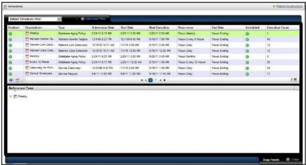 Schedules Default Schedules Filter Enabled Descriptions Type Submission Date Start Date Next Execution Recurrence End Date Scheduled Execution Count Weekly Database Aging Policy 2/24/11 3:15 AM 2/25/11 2:00 AM 5/20/11 2:00 AM Recour Weekly Never Ending 1 Refresh Monitor To... Refresh Monitor Targets 12/10/09 5:27 PM 12/10/09 6:00 AM 5/10/11 7:00 PM Recour Every 8 Hours Never Ending 40 Network Link Drop... Network Link Discovery 12/15/10 12:11 AM 3/1/10 3:00 AM 5/15/11 3:00 AM Recour Daily Never Ending 12 Network Data Cells... Network Data Collection 12/15/10 12:11 AM 3/1/10 12:00 AM 5/15/11 12:00 AM Recour Daily Never Ending 12 Inventory Database Aging Policy 2/24/11 9:21 AM 2/25/11 3:00 AM 5/25/11 3:00 AM Recour Monthly Never Ending 0 Every 12 Hours Database Aging Policy 2/24/11 9:17 AM 2/25/11 12:00 AM 5/15/11 1:00 AM Recour Every 12 Hours Never Ending 25 Discovery for Pref... Device Discovery 12/31/05 4:00 PM 3/1/10 2:00 AM 5/15/11 1:00 AM Recour Daily Never Ending 50 Default Scheduled... Device Surveyo 5/5/11 11:00 AM 5/5/11 11:00 AM 5/7/8/7 11:00 AM Recour Daily Never Ending 11 Reference Tree. Weekly