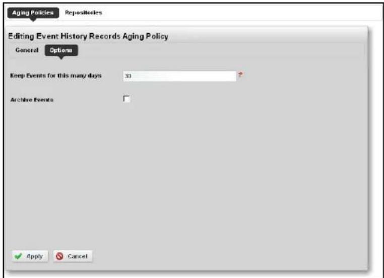 Aging Policies Repositories Editing Event History Records Aging Policy General Options Keep Events for this many days 30 Archive Events Apply Cancel