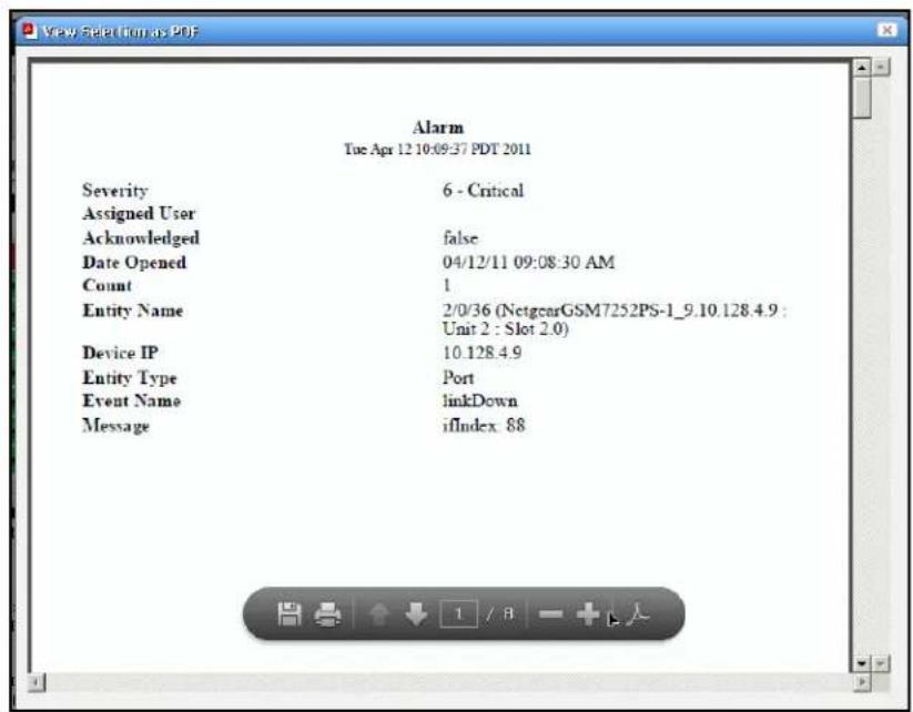 View Selection as PDF Alarm Tue Apr 12 10:09:37 PDT 2011 Severity 6 - Critical Assigned User Acknowledged false Date Opened 04/12/11 09:08:30 AM Count 1 Entity Name 2/0/36 (NetgearGSM7252PS-1_9.10.128.4.9 : Unit 2 : Slot 2.0) Device IP 10.128.4.9 Entity Type Port Event Name linkDown Message ifIndex 88