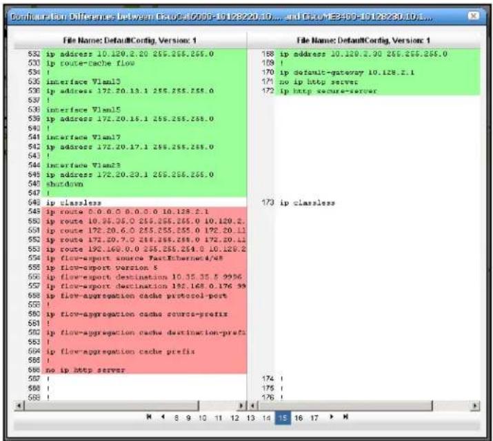 Configuration Differences: Between 0540540508-10128220.1D, and 054053409-10128230.1D... File Name: DefaultCordig, Version 1 ip address 10.128.2.20 255.255.255.0 ip route-cache flow interface Vlaml3 ip address 172.20.13.1 255.255.255.0 interface Vlaml5 ip address 172.20.16.1 255.255.255.0 ip address 172.20.17.1 255.255.255.0 interface Vlaml7 ip address 172.20.20.1 255.255.255.0 ip address 172.20.20.1 255.255.255.0 ip classless ip route 5.0.0.0 0.0.0 0 10.128.2.1 ip route 10.35.36.0 255.255.255.0 10.128.2. ip route 172.20.6.0 255.255.255.0 172.20.11 ip route 172.20.7.0 255.255.255.0 172.20.11 ip route 192.169.0.0 255.255.254.0 10.128.2 ip flow-export source FastEthernet4/48 ip flow-export version S ip flow-export destination 10.35.35.5 9996 ip flow-export Destination 195.168.0.176 99 ip flow-aggregation cache protocol-post ip flow-aggregation cache source-prefix ip flow-aggregation cache destination-prefix ip flow-aggregation cache prefix no ip http server