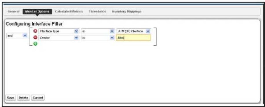 General Monitor Options Calculated Metrics Thresholds Inventory Mappings Configuring Interface Filter and Interface Type is A TM (37) Interface Creator is Jutei Save Delete Cancel