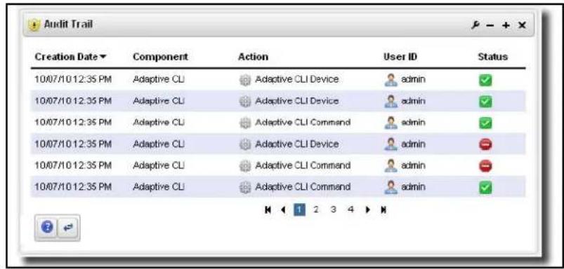 Audit Trail Creation Date ▼ Component Action User ID Status 10/07/10 12:35 PM Adaptive CLI Adaptive CLI Device admin ✓ 10/07/10 12:35 PM Adaptive CLI Adaptive CLI Device admin ✓ 10/07/10 12:35 PM Adaptive CLI Adaptive CLI Command admin ✓ 10/07/10 12:35 PM Adaptive CLI Adaptive CLI Device admin - 10/07/10 12:35 PM Adaptive CLI Adaptive CLI Command admin - 10/07/10 12:35 PM Adaptive CLI Adaptive CLI Command admin ✓