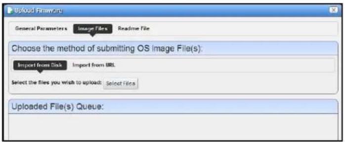 Upload Firmware General Parameters Image Files Readme File Choose the method of submitting OS Image File(s): Import from Disk Import from URL Select the files you wish to upload: Select files Uploaded File(s) Queue: