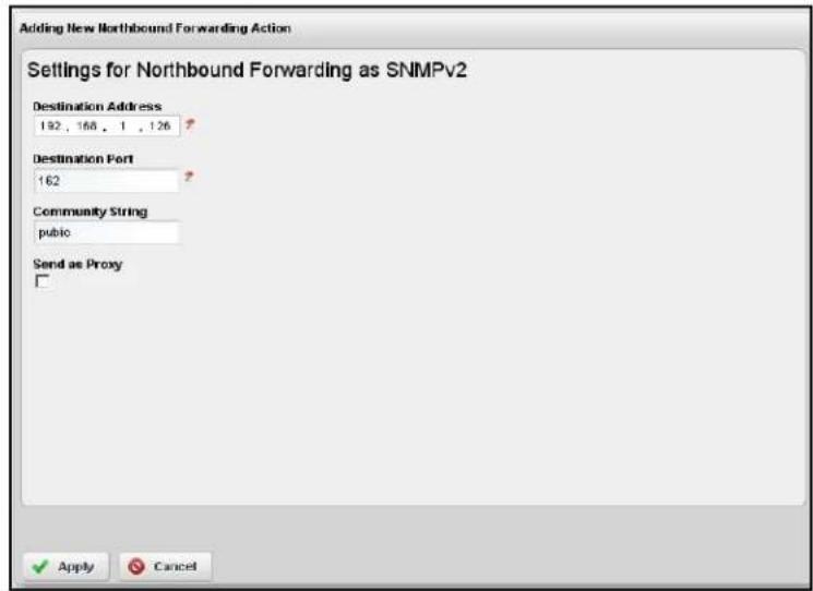 Adding New Northbound Forwarding Action Settings for Northbound Forwarding as SNMPv2 Destination Address 182 , 168 , 1 , 126 Destination Port 162 Community String public Send as Proxy Apply Cancel