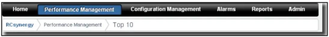 Home Performance Management Configuration Management Alarms Reports Admin RC synergy > Performance Management > Top 10