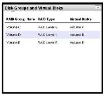 Disk Groups and Virtual Disks RAID Group Name RAID Type Virtual Disks Volume C RAID Level 5 Volume C Volume D RAID Level 1 Volume D Volume E RAID Level 6 Volume E