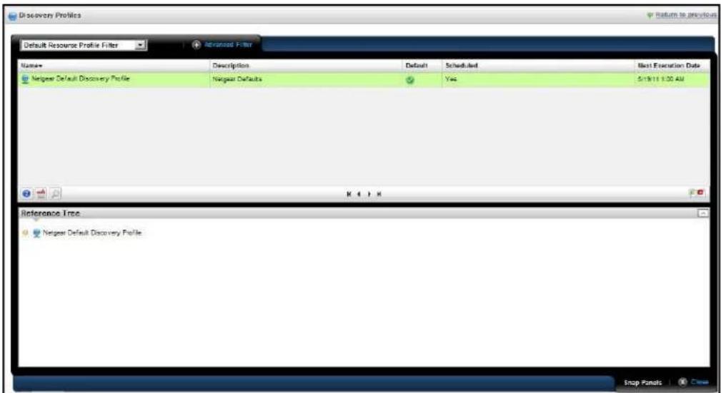 Discovery Profiles Default Resource Profile Filter Advanced Filter Name Description Default Scheduled Best Execution Date Netgear Default Discovery Profile Negear Defaults Yes 5/19/11 1:30 AM Reference Tree Netgear Default Discovery Profile Snap Panels Cancel
