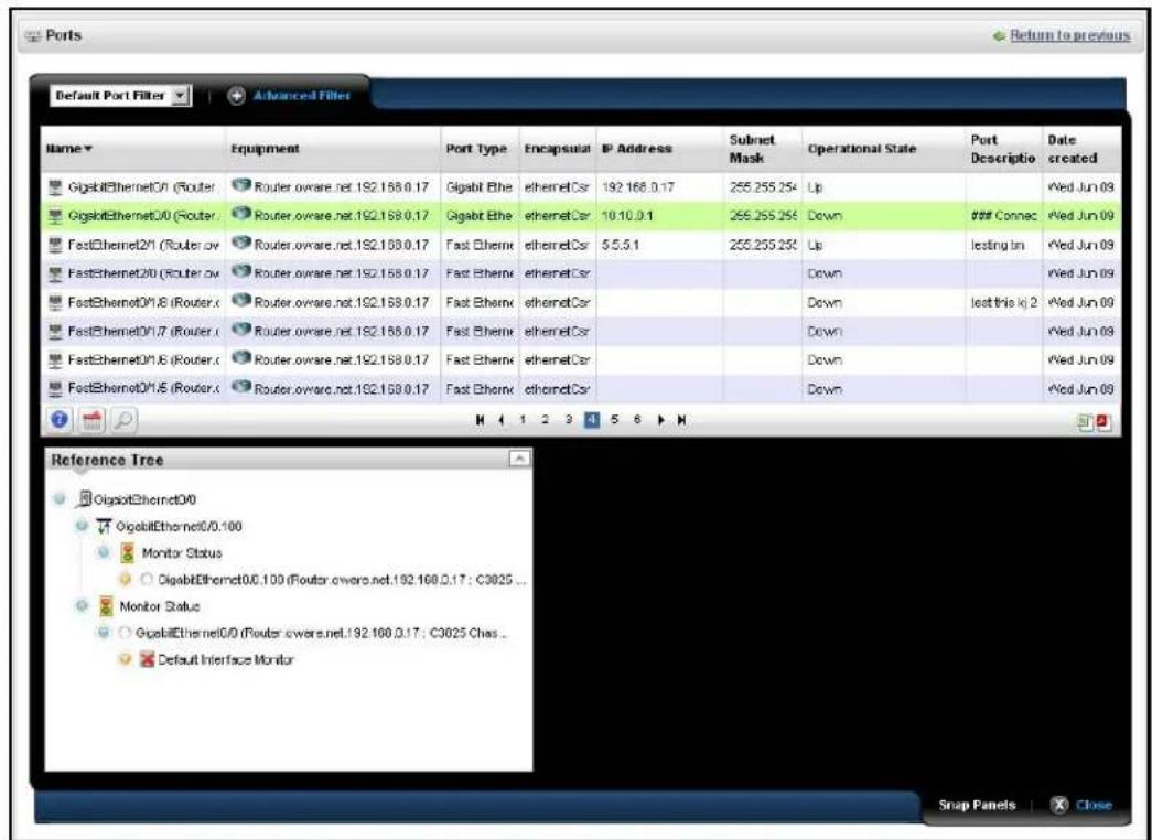 Ports Default Port Filter Advanced Filter Name Equipment Port Type Encapsular B Address Subnet Mask Operational State Port Descriptio Date created GigabitEthernet0/1 (Router) Router.ovare.net.192.158.0.17 Gigabit Ethel ethernetCsr 192.168.0.17 255.255.254 Up #Wed Jun 09 GigabitEthernet0/0 (Router) Router.ovare.net.192.158.0.17 Gigabit Ethel ethernetCar 10.10.0.1 255.255.255 Down ### Connec #Wed Jun 09 FastEthernet2/1 (Router ov Router.ovare.net.192.158.0.17 Fast Ethernet ethernetCsr $5.5.1 255.255.255 Up leasing In #Wed Jun 09 FastEthernet2/0 (Router ov Router.ovare.net.192.158.0.17 Fast Ethernet ethernetCsr Down West Jun 09 FastEthernet0/1/8 (Router.c Router.ovare.net.192.158.0.17 Fast Ethernet ethernetCsr Down last this kj 2 #Wed Jun 09 FastEthernet0/1/7 (Router.c Router.ovare.net.192.158.0.17 Fast Ethernet ethernetCsr Down West Jun 09 FastEthernet0/1/6 (Router.c Router.ovare.net.192.158.0.17 Fast Ethernet ethernetCsr Down West Jun 09 FastEthernet0/1/5 (Router.x Router.ovare.net.192.158.0.17 Fast Ethernet ethernetCsr Down West Jun 09 H 1 2 3 4 5 6 ▶ M Reference Tree OigabitEthernet0/0 OigabitEthernet0/0,100 Monitor Status OigabitEthernet0/0,100 (Router.ovare.net.192.168.0.17: C3025 ... Monitor Status OigabitEthernet0/0 (Router.ovare.net.192.168.0.17: C3025 Chas ... Default Interface Monitor Snap Panels Close