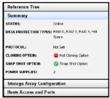 Reference Tree Summary STATUS: Online DATA PROTECTION TYPES: RAID 0, RAID 1, RAID 5, Hot Space PROTOCOL: Not Set CLONING OPTION: Not Cloning Option SNAP SHOT OPTION: Snap Shot Option POWER SUPPLIES: 2 Storage Array Configuration Hosts Access and Ports