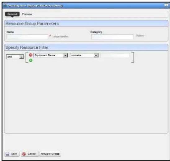 Specify flow dynamic resource group General Preview Resource Group Parameters Name Category Package Number Category Options Specify Resource Filter 200 Equipment Name contains Save Cancel Preview Group