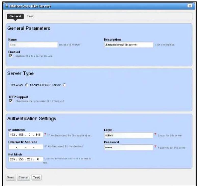 Settings: koss (File Server) General Test General Parameters Name koss Description Jorns external file server Test description Enabled Enabling the file server for us. Server Type FTP Server Secure FTP/SCP Server TFTP Support Check whether you want TFTP Support Authentication Settings IP Address 192 . 168 . 0 . 118 IP Address used by the application. External IP Address IP Address used by the device Login admin Login for this server Password Password for this server Net Mask 255 . 255 . 255 . 0 Used to determine which the server to use Save Cancel Text