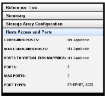 Reference Tree Summary Storage Array Configuration Hosts Access and Ports CONFIGURED HOSTS: Nxt Applicable MAX CONFIGURED HOSTS: Nxt Applicable HOSTS TO VIRTUAL DISK MAPPINGS: Nxt Applicable PORTS: 2 MAX PORTS: 2 PORT TYPES: ETHERNET, ISOSI